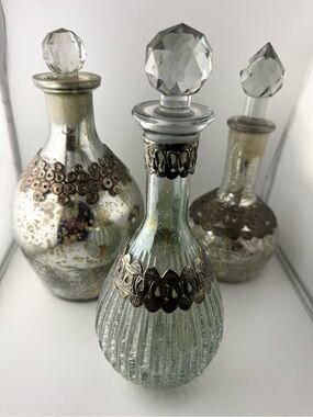Set of 3 Decorative Mercury Glass & Crackle Bottles
